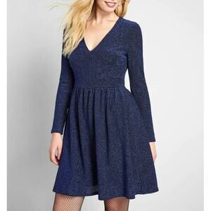 MODCLOTH All That Glitters V-Neck Metallic Sparkle Dress Royal Blue Sz L {VV40}